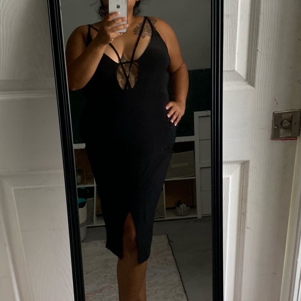 Black thin strap deep v dress